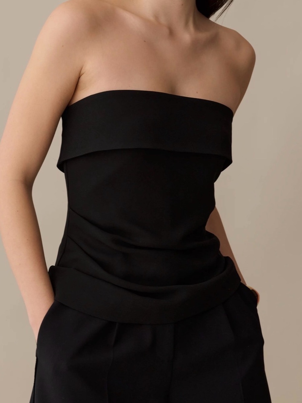 Elegant Strapless Fold-Over Black Top
